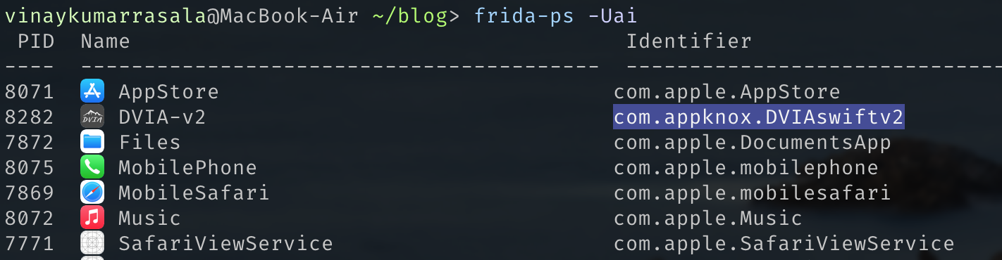 An image of all the apps installed on a given iOS device by using the command frida-ps