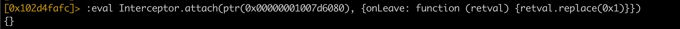 Using the :eval command in r2frida to run the JavaScript code