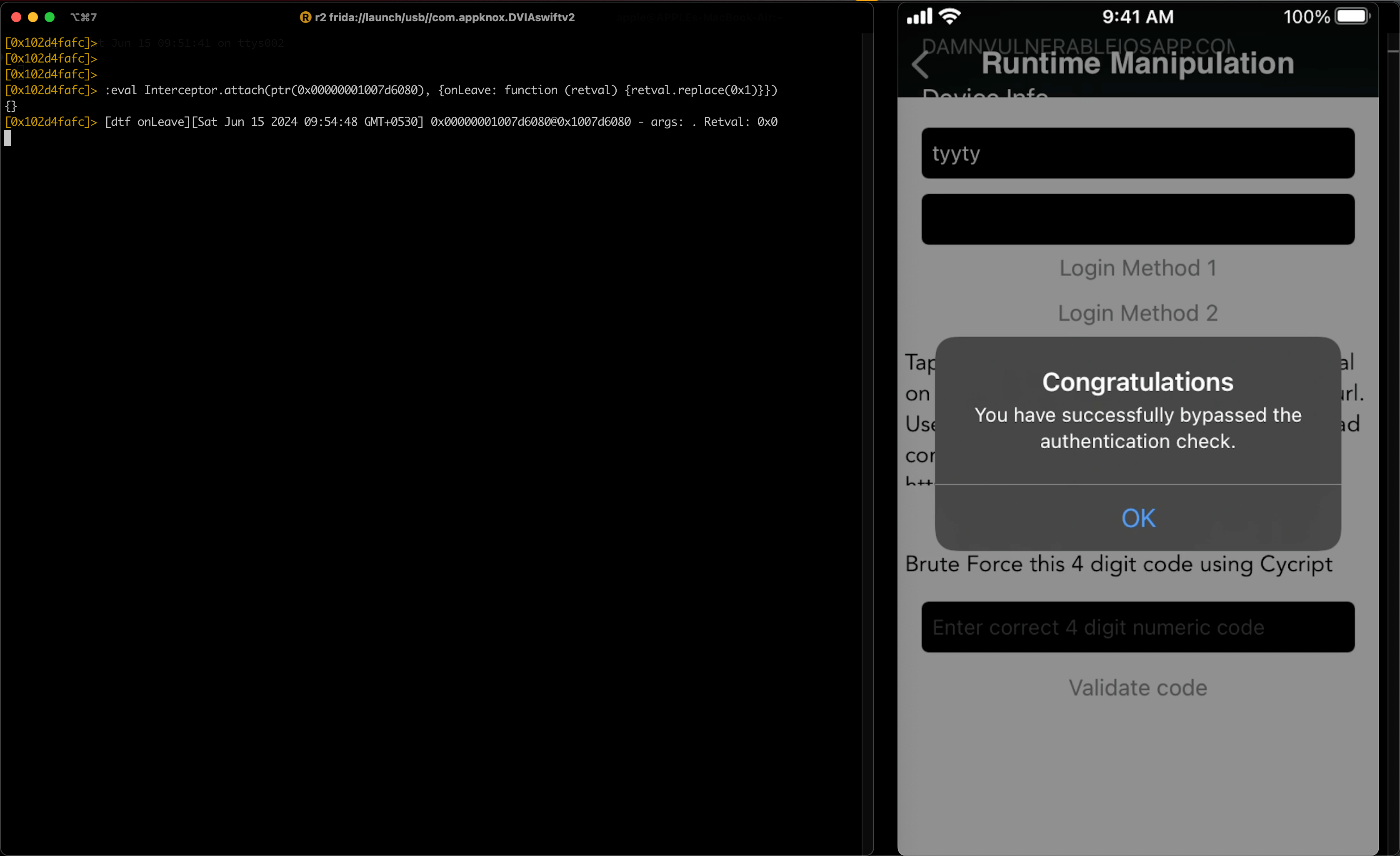 Observing r2frida by logging in with the wrong credentials