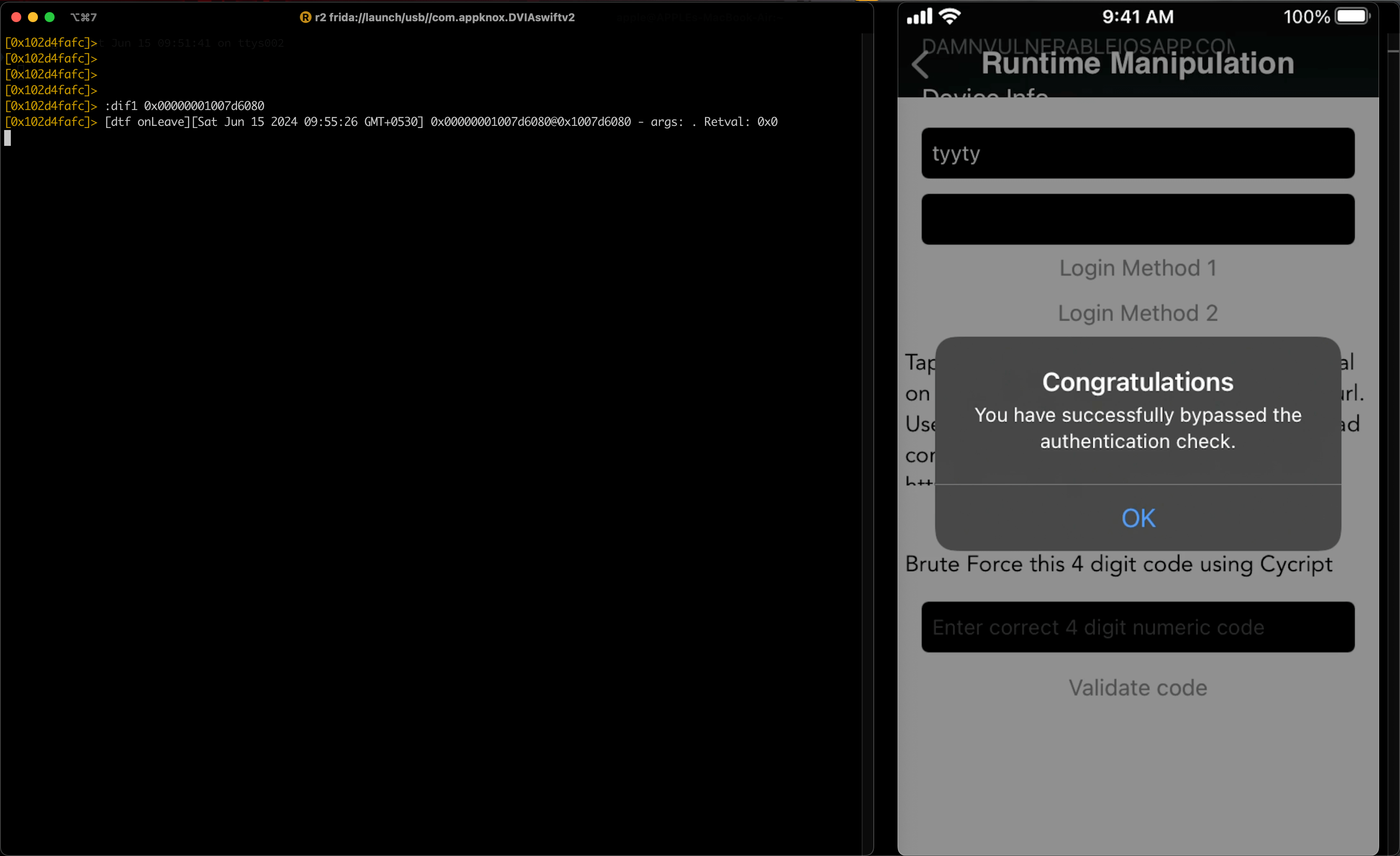 Bypassing an iOS app's login challenge by using the :dif1 command to replace the function return value with 1
