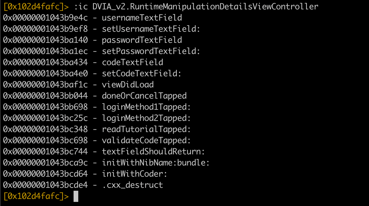 List of methods present in a class (DVIA_v2.RuntimeManipulationDetailsViewController) in the iOS application