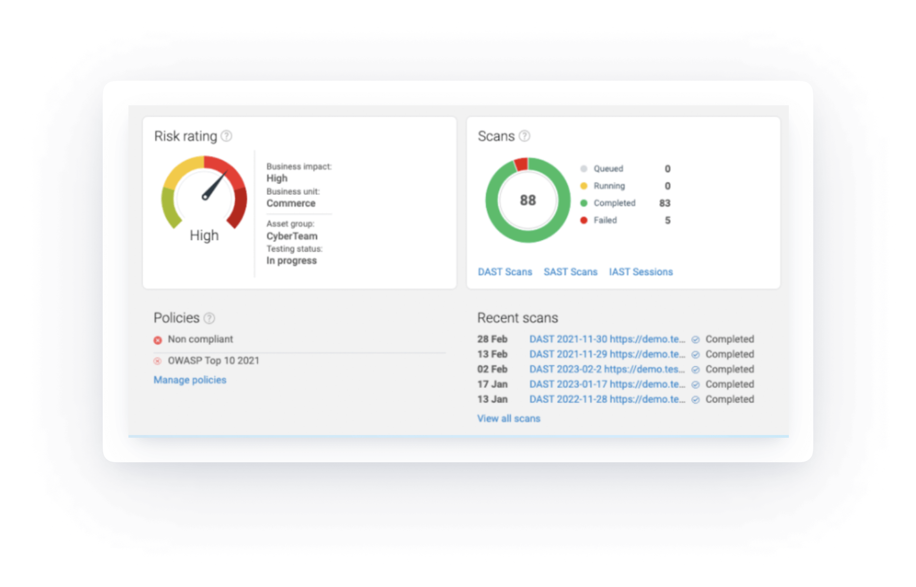 Screenshot of HCL Appscan’s dashboard highlighting risk rating and scan details.