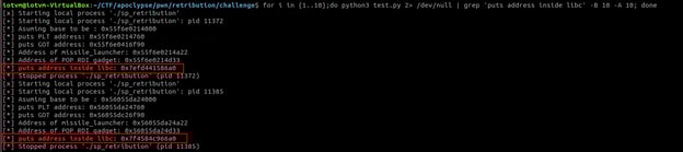 Running the exploit in for a loop to brute force one of the addresses
