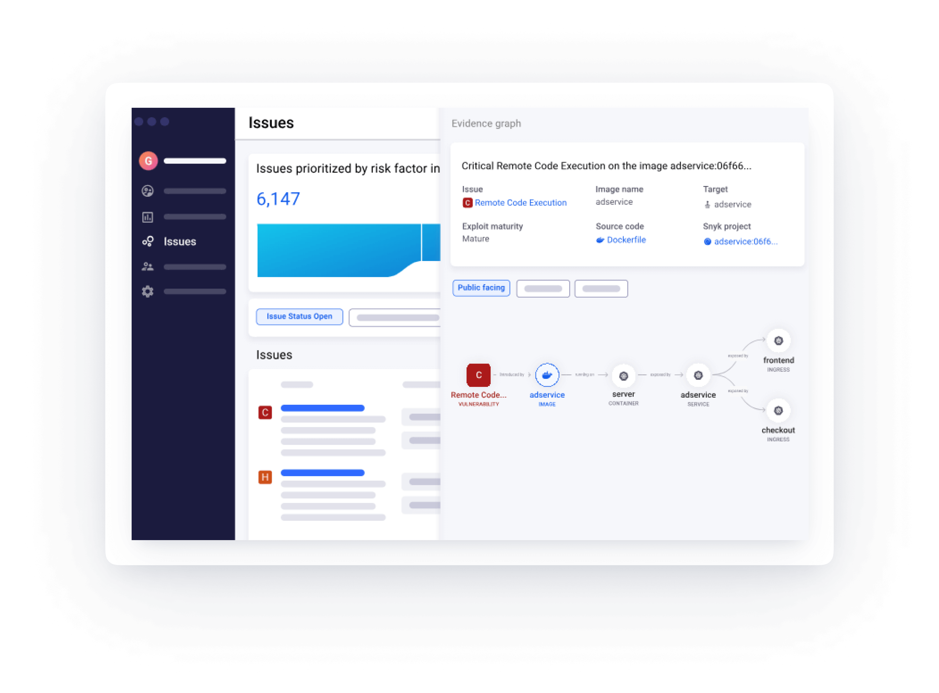 Screenshot of Snyk’s dashboard displaying issues.