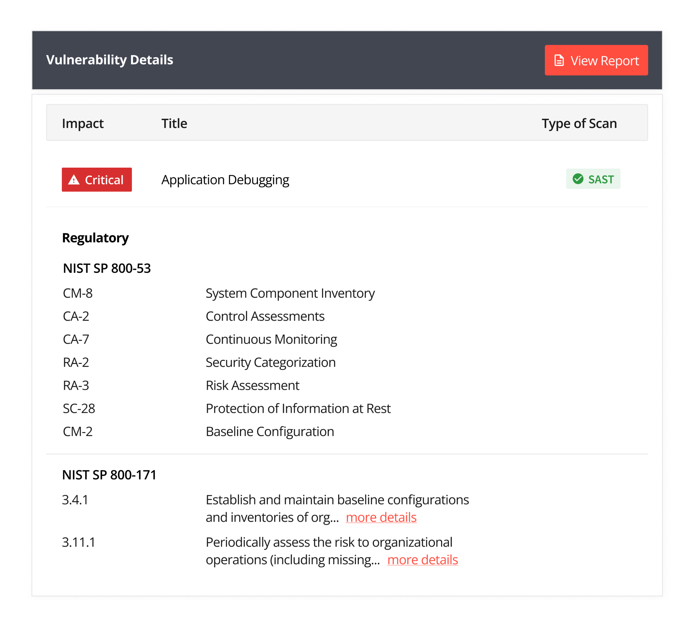 Appknox's dashboard showing the vulnerability details of an app failing to meet the standards of the NIST 800 53 and NIST 800-171 protocols - NIST compliance 2024