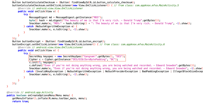 Example of an application using an outdated algorithm (DES), considered insecure due to the possibility of brute force attacks.