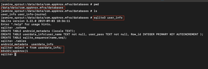 Inspecting the files present in a sample application and navigating to "/data/data/com.appknox.mfva/databases" to find sensitive information there. Read more at: https://1683437.hubspotpreview-na1.com/_hcms/preview/content/168072255625?_preview=true&benderPackage=InpageEditorUI&cacheBust=1716456611045&cssPath=bundles%252Fapp.css&inpageEditorUI=true&localAssets=false&portalId=1683437&preview_key=TgkRInQf&scriptPath=bundles%252Fapp.js&staticVersion=static-1.61568&preview_theme=true&env=prod&injectedScripts=hubspot-dlb%252Cbundle.production.js%252Cfalse%252Cstatic-1.584&hsSmartContentDefault=true&hsEditorApp=blog_post